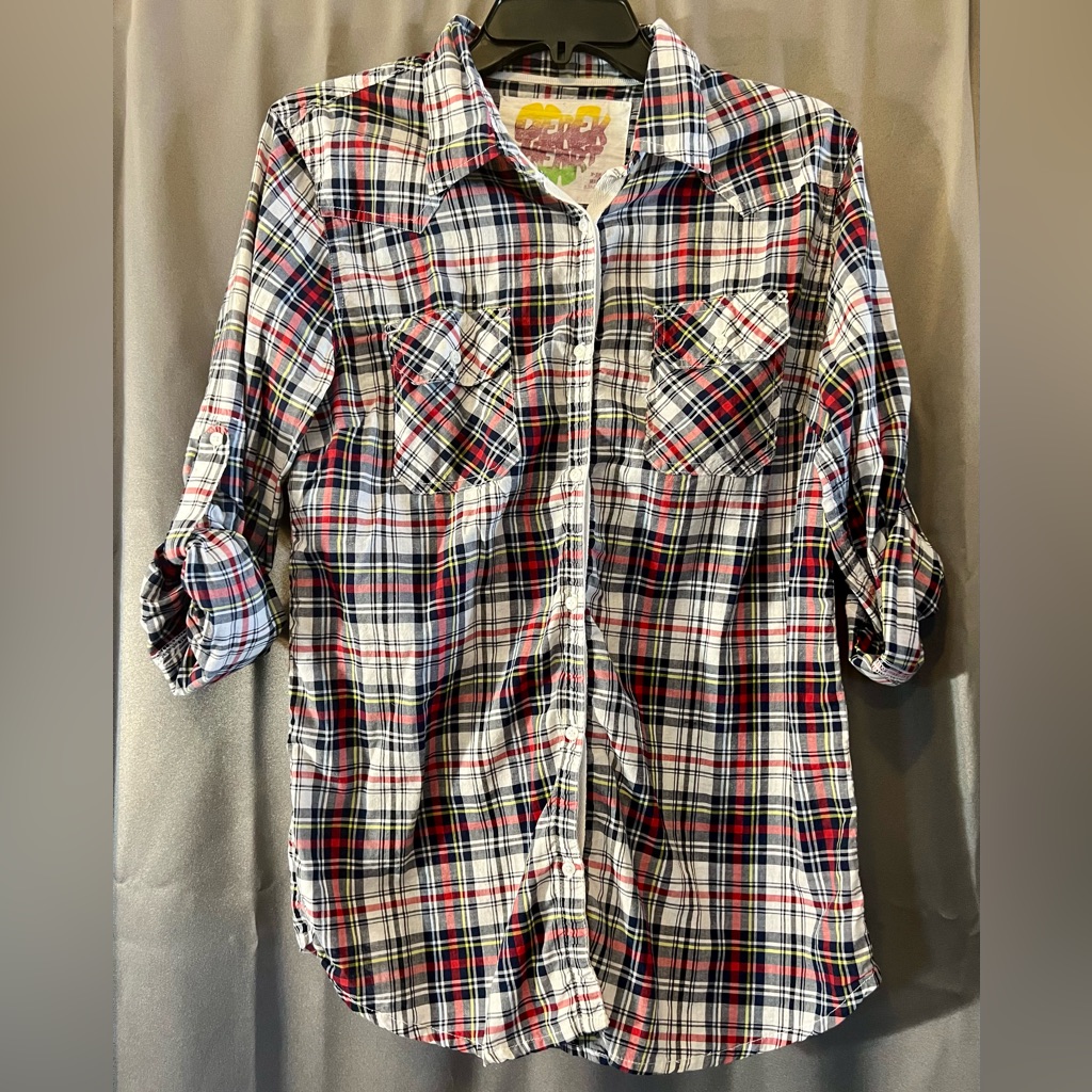 4/$20 Derek Heart Plaid Tunic Tabbed Sleeves Chest Pocket Sz:Xs Red/White/Blue